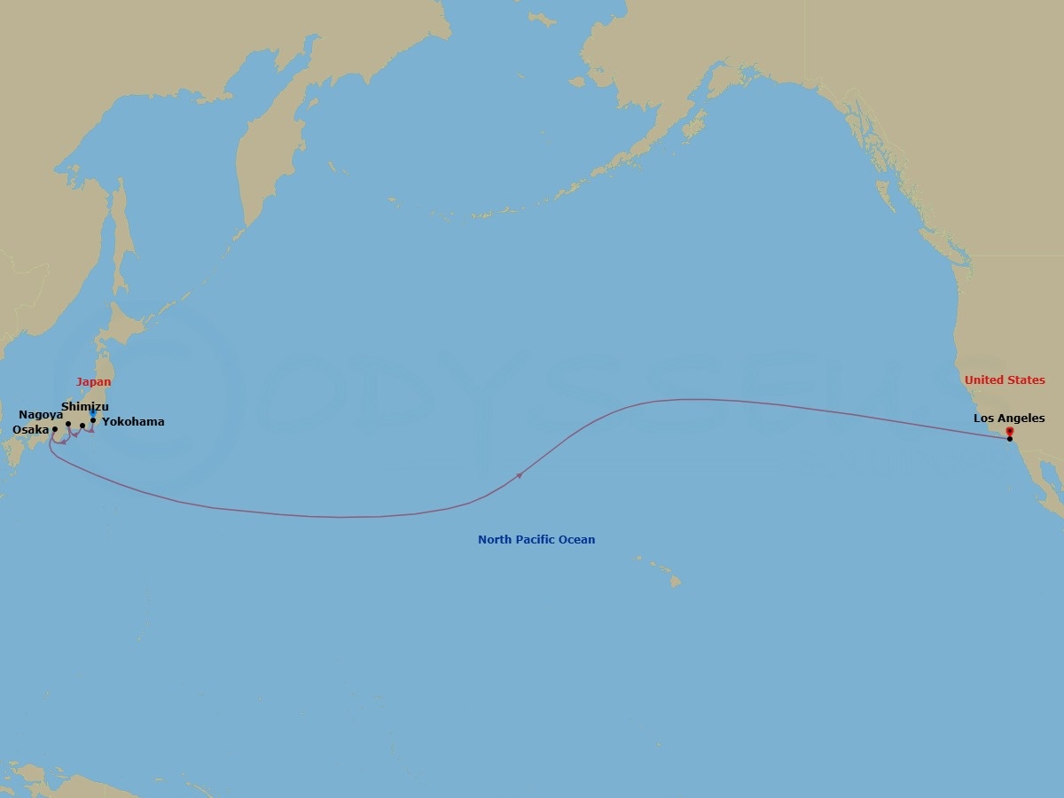 Route map: Tokyo (Yokohama), Japan → Mt Fuji (Shimizu), Japan → Nagoya, Japan → Osaka, Japan → International Dateline → Los Angeles, California