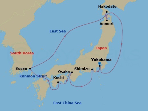 Route map: Tokyo (Yokohama), Japan → Mt Fuji (Shimizu), Japan → Kyoto (Osaka), Japan → Kochi, Japan → Busan, South Korea → Hakodate, Japan → Aomori, Japan → Tokyo (Yokohama), Japan