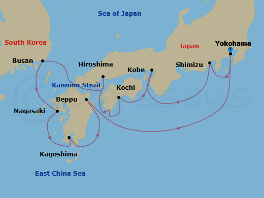 Route map: Tokyo (Yokohama) → Shimizu → Kyoto (Kobe) → Kochi → Hiroshima → Busan → Nagasaki → Kagoshima → Beppu → Tokyo (Yokohama)