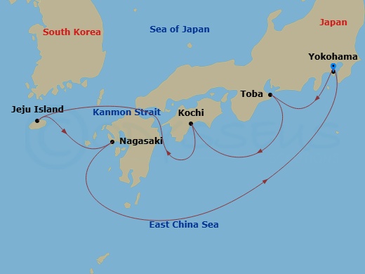 Route map: Tokyo (Yokohama), Japan → Toba, Japan → Kochi, Japan → Kanmon Straits, Japan → Jeju (Seogwipo), South Korea → Nagasaki, Japan → Tokyo (Yokohama), Japan