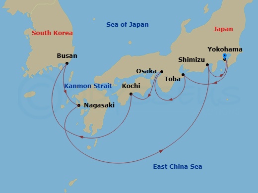 Route map: Tokyo (Yokohama), Japan → Toba, Japan → Osaka (for Kyoto), Japan → Kochi, Japan → Busan, South Korea → Nagasaki, Japan → Shimizu (for Mt. Fuji), Japan → Tokyo (Yokohama), Japan