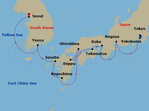 Route map: Yokohama → Tokyo → Nagoya → Kobe → Takamatsu → Beppu → Hiroshima → Kagoshima → Sasebo → Yeosu