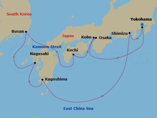 Route map: Tokyo (Yokohama), Japan → Kobe, Japan → Kyoto (Osaka), Japan → Kochi, Japan → Busan, South Korea → Nagasaki, Japan → Kagoshima, Japan → Mt Fuji (Shimizu), Japan → Tokyo (Yokohama), Japan