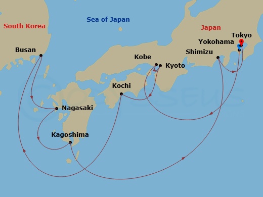 Route map: Tokyo (Yokohama), Japan → Kobe, Japan → Kyoto (Osaka), Japan → Kochi, Japan → Busan, South Korea → Nagasaki, Japan → Kagoshima, Japan → Mt Fuji (Shimizu), Japan → Tokyo, Japan