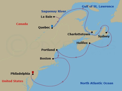 Route map: Quebec City, Canada → La Baie  Saguenay River, Canada → Charlottetown  Prince Edward I, Canada → Sydney  Cape Breton Island  Ns, Canada → Halifax, Canada → Portland  Maine, Me → Boston, Ma → Philadelphia, Pa