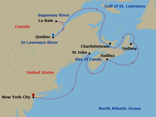 Route map: Quebec City, Canada → La Baie  Saguenay River, Canada → Charlottetown  Prince Edward I, Canada → Sydney  Cape Breton Island  Ns, Canada → Halifax, Canada → Saint John   Bay Of Fundy, Canada → New York City, Ny