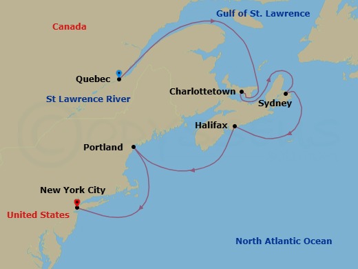 Route map: Quebec City, Canada → Charlottetown  Prince Edward I, Canada → Sydney  Cape Breton Island  Ns, Canada → Halifax, Canada → Portland  Maine, Me → New York City, Ny