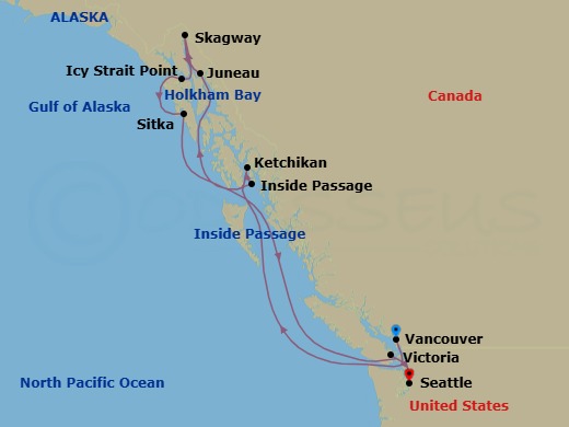 Route map: Vancouver → Ketchikan → Holkham Bay Glacier Fjords → Juneau → Skagway → Icy Strait Point (Hoonah) → Sitka → Victoria → Seattle