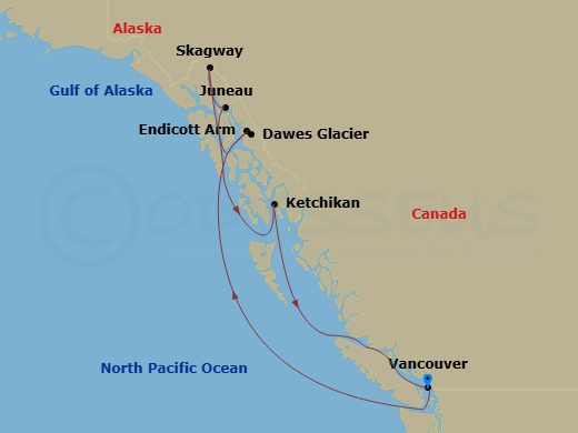 Route map: Vancouver, Canada → Skagway, Alaska → Juneau, Alaska → Ketchikan, Alaska → Vancouver, Canada