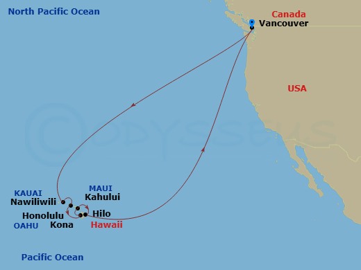 Route map: Vancouver, B.C., CA → Nawiliwili, Kauai, Hawaii, US → Honolulu, Hawaii, US → Kona, Hawaii, US → Kahului, Maui, US → Hilo, Hawaii, US → Vancouver, B.C., CA