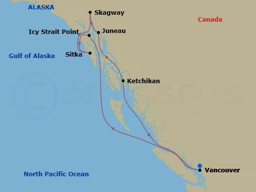 Route map: Vancouver, British Columbia → Icy Strait Point, Alaska → Sitka, Alaska → Skagway, Alaska → Juneau, Alaska → Ketchikan, Alaska → Vancouver, British Columbia