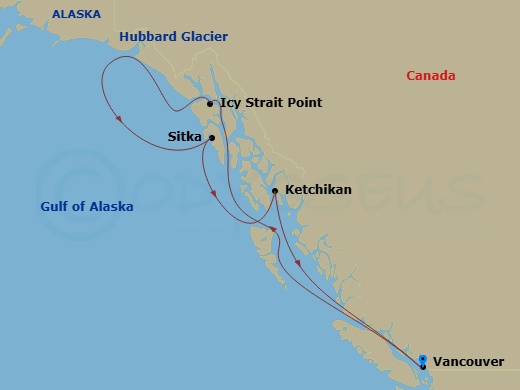 Route map: Vancouver, British Columbia → Icy Strait Point, Alaska → Sitka, Alaska → Ketchikan, Alaska → Vancouver, British Columbia