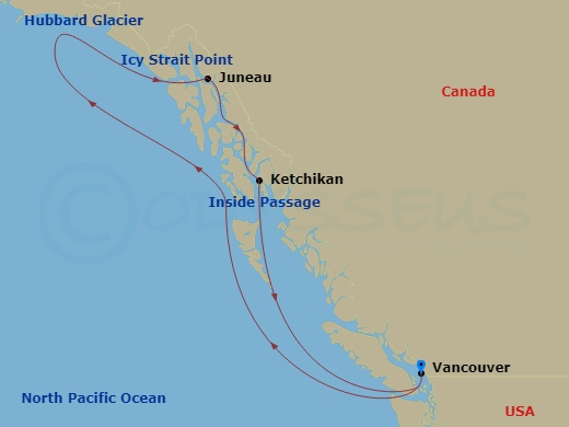 Route map: Vancouver, British Columbia → Icy Strait Point, Alaska → Juneau, Alaska → Ketchikan (Ward Cove) Alaska → Vancouver, British Columbia