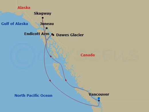 Route map: Vancouver, Canada → Juneau, Alaska → Skagway, Alaska → Vancouver, Canada
