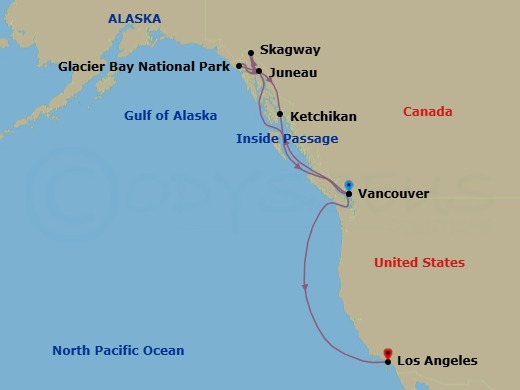 Route map: Vancouver, Canada → Juneau, Alaska → Skagway, Alaska → Ketchikan, Alaska → Vancouver, Canada → Los Angeles, California