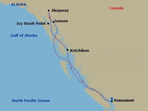 Route map: Vancouver → Inside Passage → Juneau → Skagway → Icy Strait Point → Ketchikan → Inside Passage → Vancouver