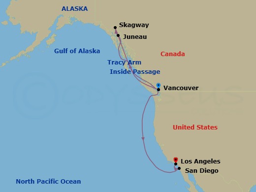 Route map: Vancouver, Canada → Juneau, Alaska → Skagway, Alaska → Vancouver, Canada → San Diego, California → Los Angeles, California
