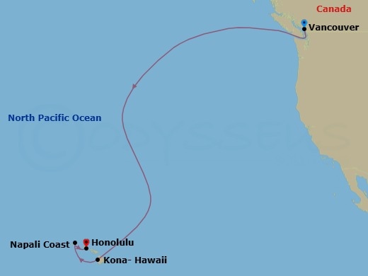 Route map: Vancouver, British Columbia → Kailua Kona, Hawaii → Honolulu, Oahu, Hawaii