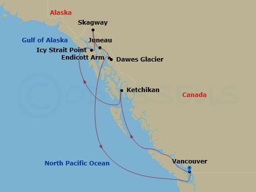 Route map: Vancouver, Canada → Ketchikan, Alaska → Icy Strait Point, Alaska → Skagway, Alaska → Juneau, Alaska → Vancouver, Canada