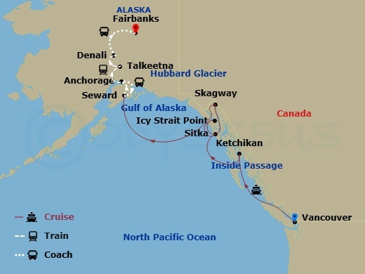 Route map: Vancouver, British Columbia → Ketchikan (Ward Cove) Alaska → Icy Strait Point, Alaska → Sitka, Alaska → Skagway, Alaska → Seward, Alaska → Anchorage, Alaska → Seward, Alaska → Anchorage, Alaska → Talkeetna, Alaska