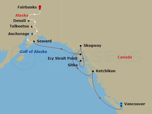 Route map: Vancouver, British Columbia → Ketchikan (Ward Cove) Alaska → Icy Strait Point, Alaska → Sitka, Alaska → Skagway, Alaska → Seward, Alaska → Anchorage, Alaska → Talkeetna, Alaska → Denali, Alaska → Fairbanks, Alaska