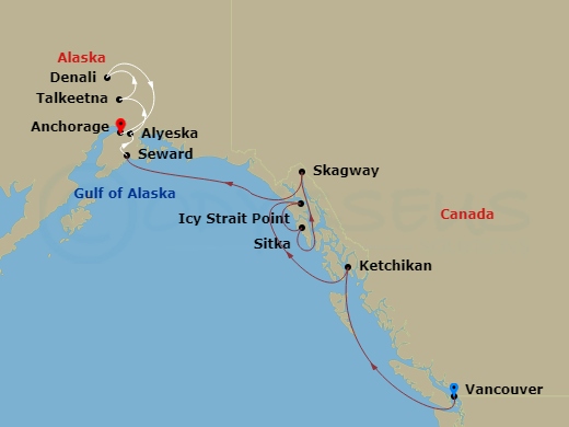 Route map: Vancouver, British Columbia → Ketchikan (Ward Cove) Alaska → Icy Strait Point, Alaska → Sitka, Alaska → Skagway, Alaska → Seward, Alaska → Alyeska (Girdwood), Alaska → Talkeetna, Alaska → Denali, Alaska → Anchorage, Alaska
