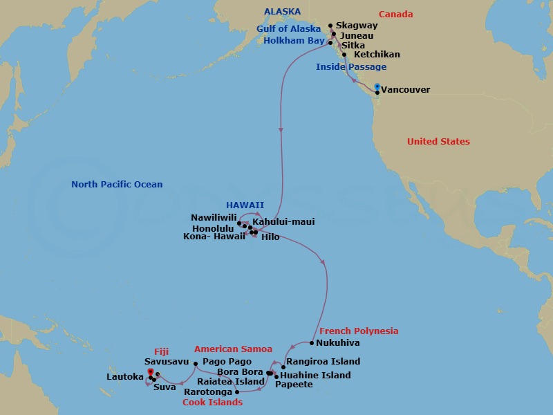 Route map: Vancouver → Ketchikan → Juneau → Skagway → Sitka → Hilo → Kailua-Kona → Kahului → Nawiliwili → Honolulu