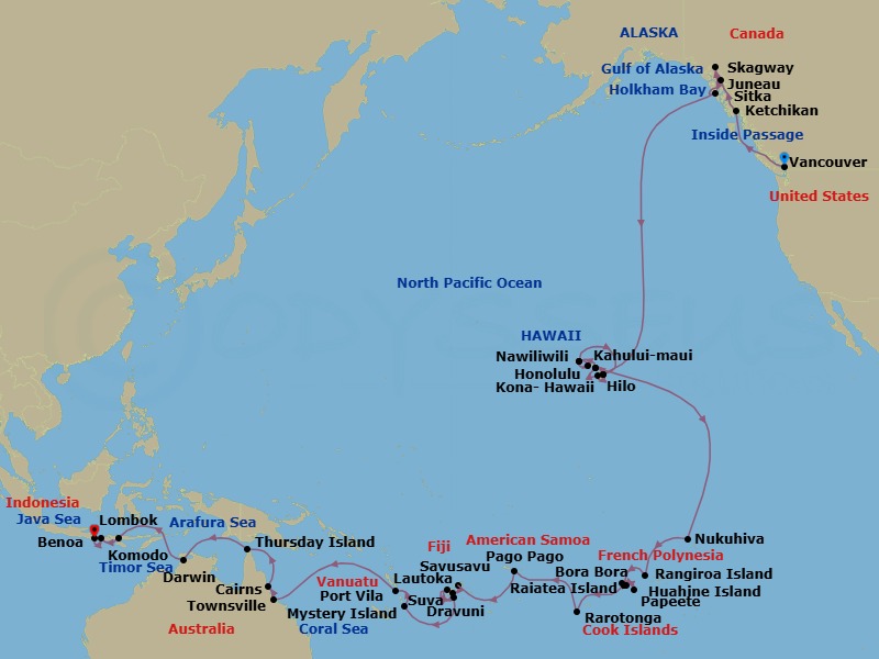 Route map: Vancouver → Ketchikan → Juneau → Skagway → Sitka → Hilo → Kailua-Kona → Kahului → Nawiliwili → Honolulu