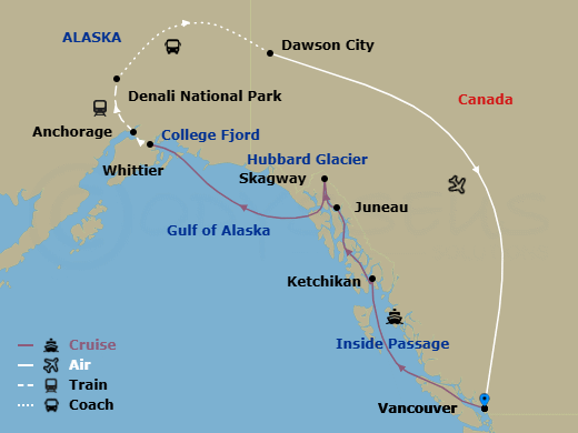 Route map: Vancouver, B.C., CA → Ketchikan, Alaska, US → Juneau, Alaska, US → Skagway, Alaska, US → College Fjord → Whittier, Alaska, US → Anchorage, Alaska, US → Denali National Park → Dawson City → Vancouver, B.C., CA