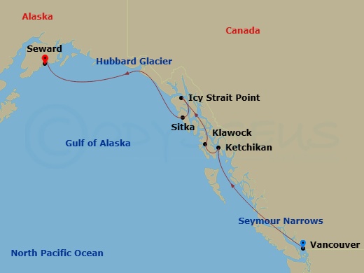 Route map: Vancouver → Seymour Narrows (British Columbia) → Ketchikan → Klawock → Icy Strait Point, Alaska → Sitka (Alaska) → Cruise Hubbard Glacier, Alaska → Seward