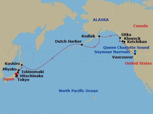 Route map: Vancouver → Seymour Narrows → Queen Charlotte Sound → Ketchikan → Vancouver, British Columbia → Sitka → Glacier Bay → Kodiak → Dutch Harbor → Kushiro