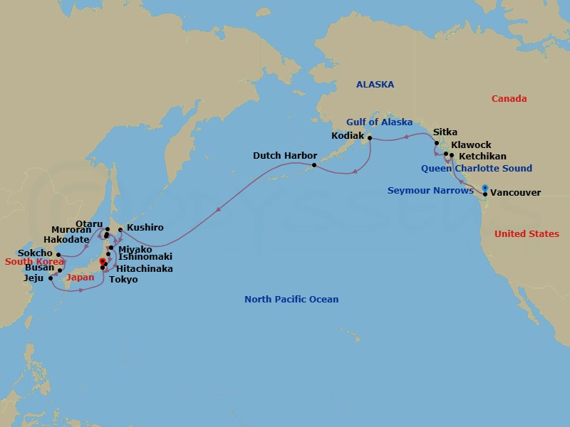 Route map: Vancouver → Seymour Narrows → Queen Charlotte Sound → Ketchikan → Vancouver, British Columbia → Sitka → Glacier Bay → Kodiak → Dutch Harbor → Kushiro
