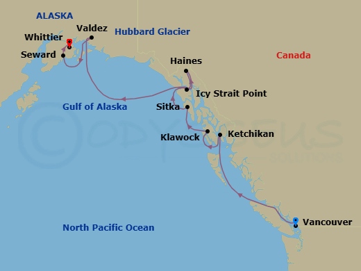 Route map: Vancouver, British Columbia → Ketchikan (Ward Cove), Alaska → Klawock, Alaska → Sitka, Alaska → Icy Strait Point, Alaska → Haines, Alaska → Cruise Hubbard Glacier → Valdez, Alaska → Seward, Alaska → Whittier, Alaska