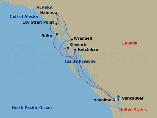 Route map: Vancouver, British Columbia → Ketchikan (Ward Cove), Alaska → Klawock, Alaska → Sitka, Alaska → Icy Strait Point, Alaska → Haines, Alaska → Wrangell → Nanaimo, British Colombia → Vancouver, British Columbia