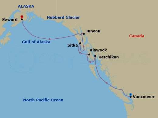 Route map: Vancouver → Ketchikan → Klawock → Sitka → Juneau → Seward