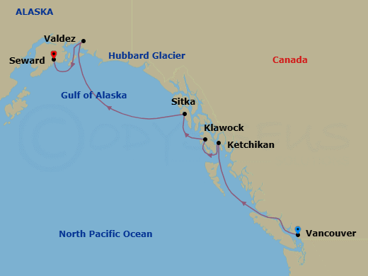 Route map: Vancouver → Ketchikan → Klawock → Sitka → Valdez → Seward