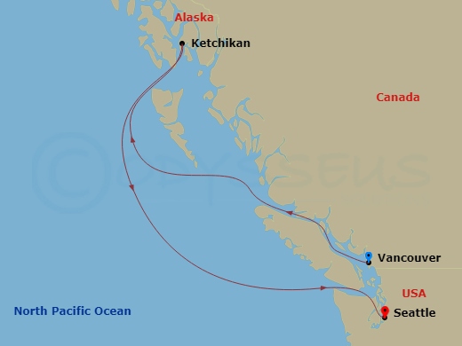 Route map: Vancouver, Canada → Ketchikan, Alaska → Seattle, Washington