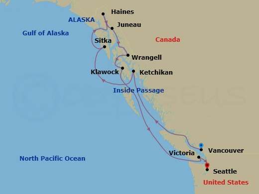 Route map: Vancouver → Ketchikan → Sitka → Haines → Juneau → Wrangell → Klawock → Victoria → Seattle