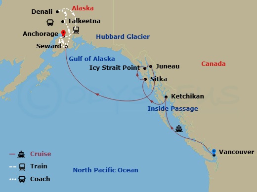 Route map: Vancouver, British Columbia → Ketchikan (Ward Cove) Alaska → Sitka, Alaska → Icy Strait Point, Alaska → Juneau, Alaska → Seward, Alaska → Anchorage, Alaska → Seward, Alaska → Talkeetna, Alaska → Denali, Alaska