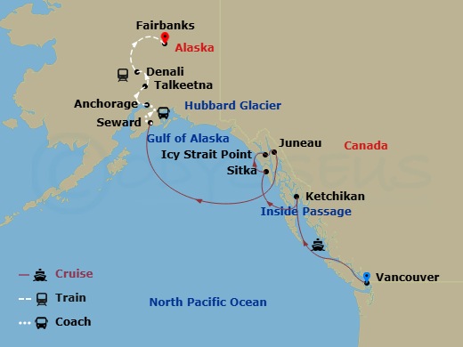 Route map: Vancouver, British Columbia → Ketchikan (Ward Cove) Alaska → Sitka, Alaska → Icy Strait Point, Alaska → Juneau, Alaska → Seward, Alaska → Anchorage, Alaska → Talkeetna, Alaska → Denali, Alaska → Fairbanks, Alaska