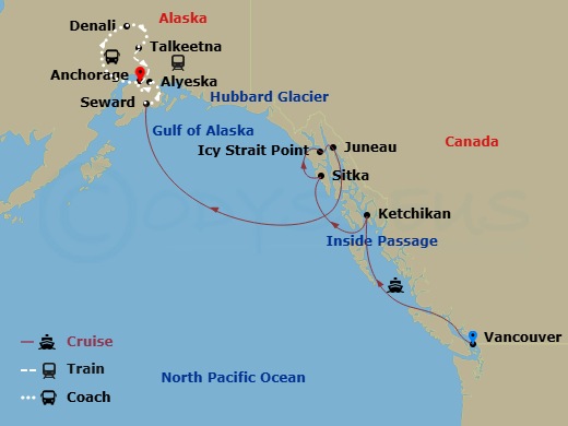 Route map: Vancouver, British Columbia → Ketchikan (Ward Cove) Alaska → Sitka, Alaska → Icy Strait Point, Alaska → Juneau, Alaska → Seward, Alaska → Alyeska (Girdwood), Alaska → Anchorage, Alaska → Denali, Alaska → Talkeetna, Alaska