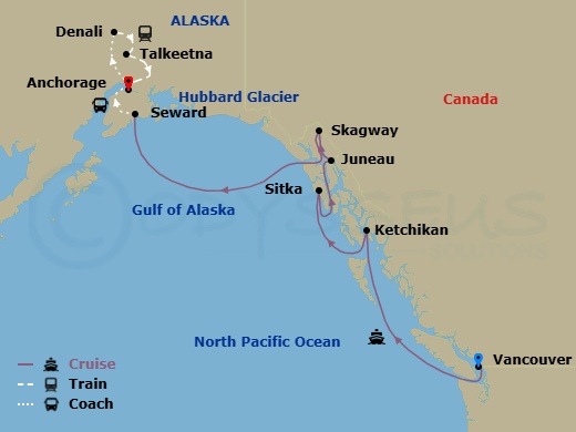 Route map: Vancouver, British Columbia → Ketchikan (Ward Cove) Alaska → Sitka, Alaska → Juneau, Alaska → Skagway, Alaska → Seward, Alaska → Anchorage, Alaska → Denali, Alaska → Talkeetna, Alaska → Anchorage, Alaska