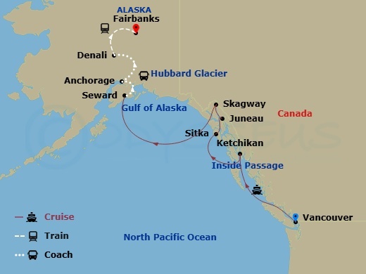 Route map: Vancouver, British Columbia → Ketchikan (Ward Cove) Alaska → Sitka, Alaska → Juneau, Alaska → Skagway, Alaska → Seward, Alaska → Anchorage, Alaska → Denali, Alaska → Fairbanks, Alaska