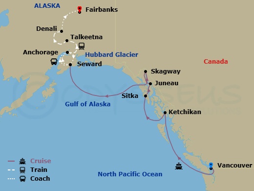 Route map: Vancouver, British Columbia → Ketchikan (Ward Cove) Alaska → Sitka, Alaska → Juneau, Alaska → Skagway, Alaska → Seward, Alaska → Anchorage, Alaska → Seward, Alaska → Anchorage, Alaska → Talkeetna, Alaska