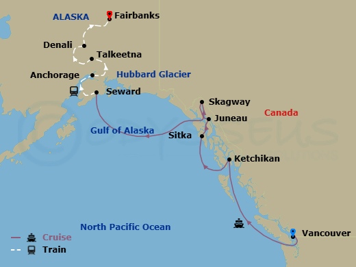 Route map: Vancouver, British Columbia → Ketchikan (Ward Cove) Alaska → Sitka, Alaska → Juneau, Alaska → Skagway, Alaska → Seward, Alaska → Anchorage, Alaska → Talkeetna, Alaska → Denali, Alaska → Fairbanks, Alaska