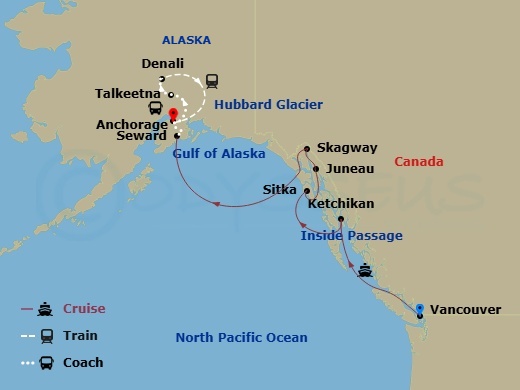 Route map: Vancouver, British Columbia → Ketchikan (Ward Cove) Alaska → Sitka, Alaska → Juneau, Alaska → Skagway, Alaska → Seward, Alaska → Anchorage, Alaska → Talkeetna, Alaska → Denali, Alaska → Anchorage, Alaska