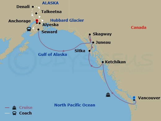 Route map: Vancouver, British Columbia → Ketchikan (Ward Cove) Alaska → Sitka, Alaska → Juneau, Alaska → Skagway, Alaska → Seward, Alaska → Alyeska (Girdwood), Alaska → Anchorage, Alaska → Denali, Alaska → Talkeetna, Alaska