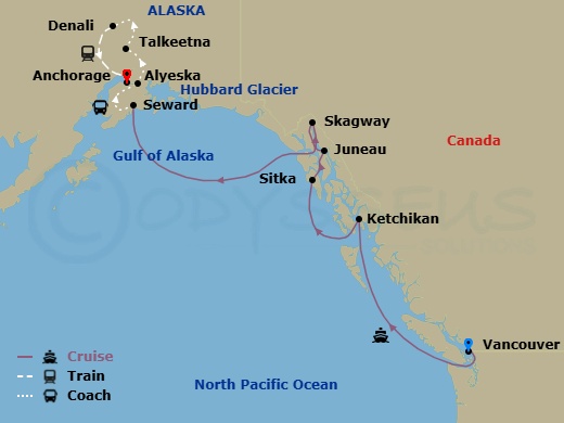 Route map: Vancouver, British Columbia → Ketchikan (Ward Cove) Alaska → Sitka, Alaska → Juneau, Alaska → Skagway, Alaska → Seward, Alaska → Alyeska (Girdwood), Alaska → Talkeetna, Alaska → Denali, Alaska → Anchorage, Alaska