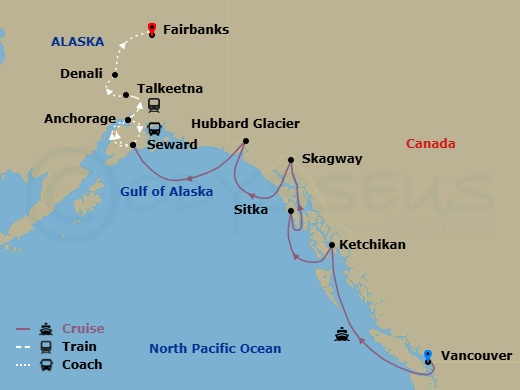 Route map: Vancouver, British Columbia → Ketchikan (Ward Cove) Alaska → Sitka, Alaska → Skagway, Alaska → Seward, Alaska → Anchorage, Alaska → Seward, Alaska → Anchorage, Alaska → Talkeetna, Alaska → Denali, Alaska