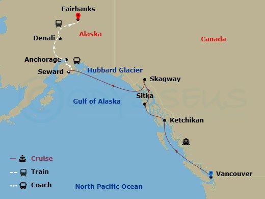 Route map: Vancouver, British Columbia → Ketchikan (Ward Cove) Alaska → Sitka, Alaska → Skagway, Alaska → Seward, Alaska → Anchorage, Alaska → Denali, Alaska → Fairbanks, Alaska